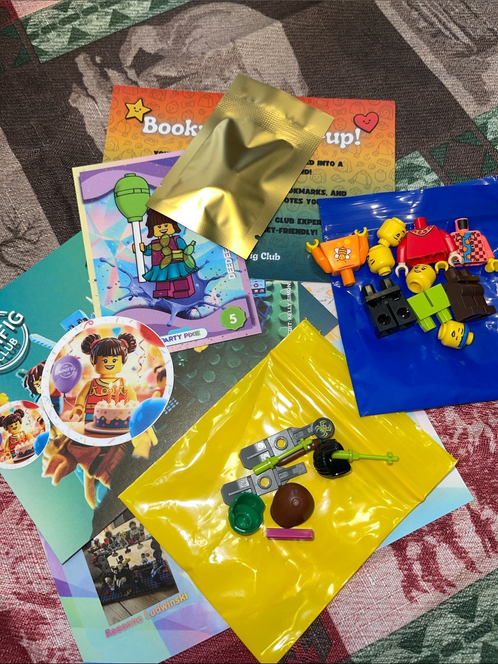 Lego Minifigure Parts and Accessories with Yellow, Blue, Gold Bags